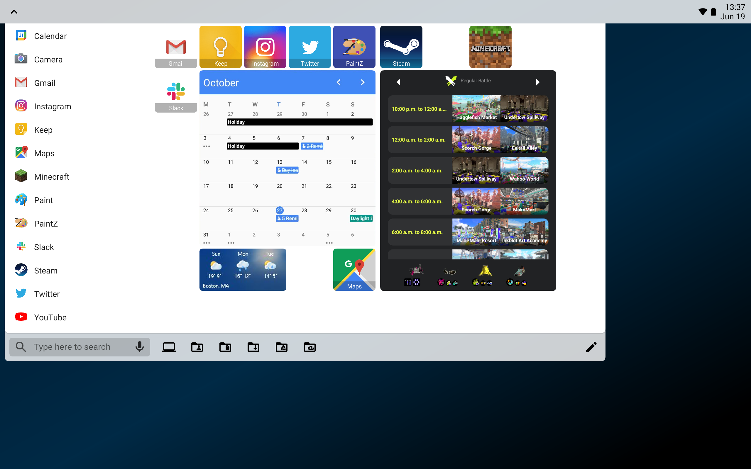 On a large screen, the launcher shows multiple blocks of shortcuts.