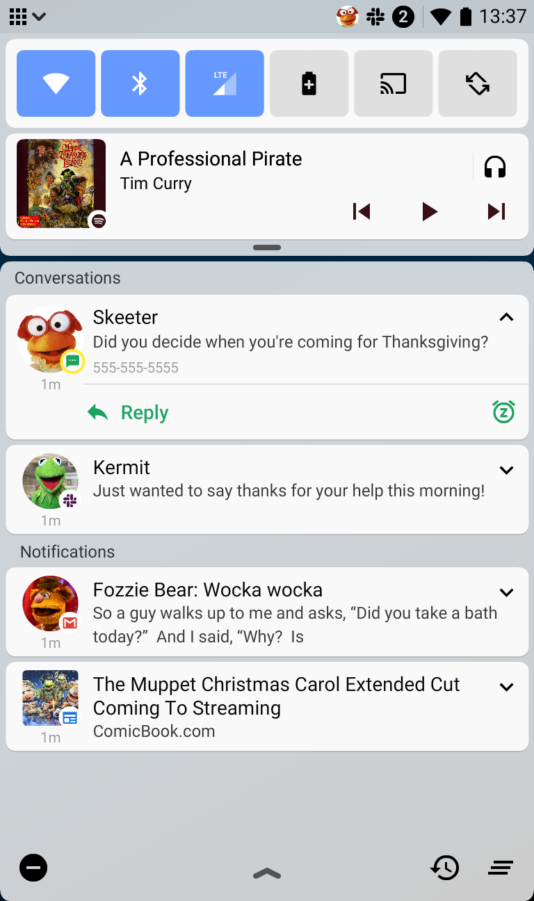 On a small screen, the notification panel fills the screen with quick settings at the top.